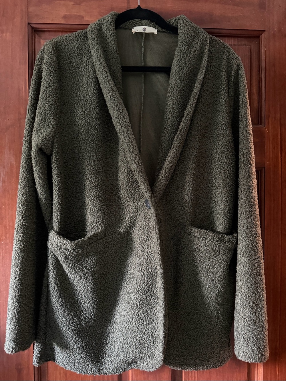 Olive Teddy Sherpa Open-Front Jacket
